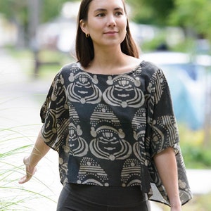 Black and White Bohemian Crop top / Face print Silk Blouse / Unique Boho Short Top / Plant Dyed / Silk Beach Cover up - KATHAK