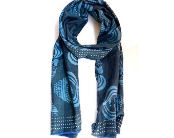 black and blue hand embroidered OOAK scarf, cotton and silk blend long scarf - KATHAKALI sample