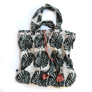 Extra Large Green Tropical Palm Leaf Hand Block Printed Shoulder Grocery Bag Organic Cotton - JUNGLE