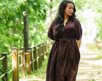 Flowy Modal Kaftan Dress Hand Block Print Button Down Boho Maxi Dress - Life