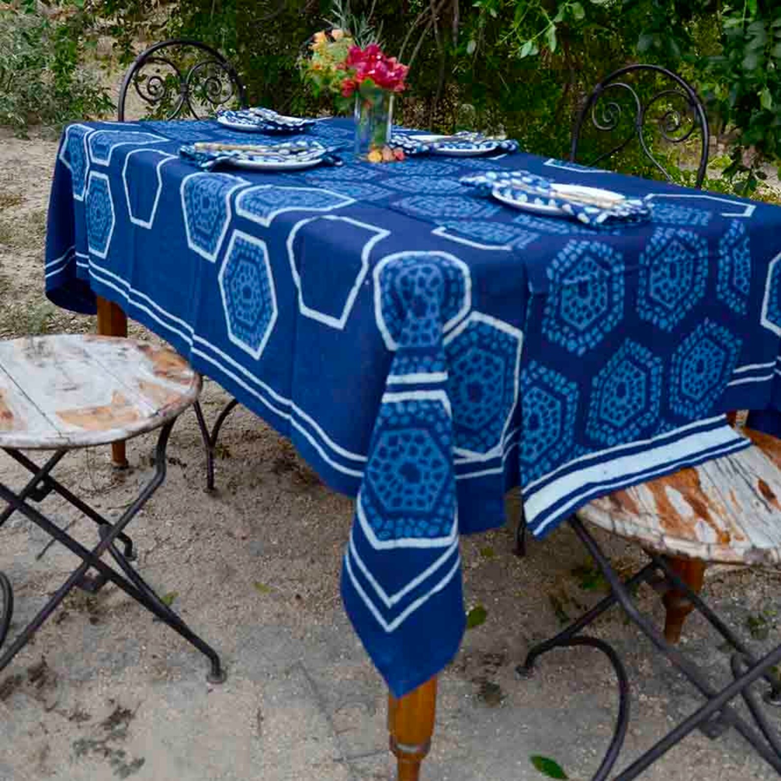 Navy Blue Table Cloth / Organic Cotton / Indigo Blocked Print Etsy
