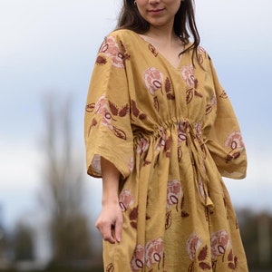 Golden Yellow Tumeric Tunic Dress Top Beach wear / Plant Dyed/ Block Printed Cotton Cover up / holiday gift - Padma