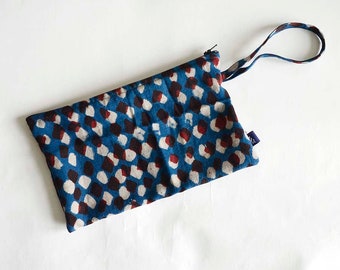 Blue Red purse clutch for makeups travel pouch block printed / conscious gifts under 10 / plant dyed for women / Red Tops