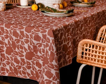 Dark Coral Floral Tablecloth, Organic Cotton Dining Linen, Hand Block Printed Textile - Yan