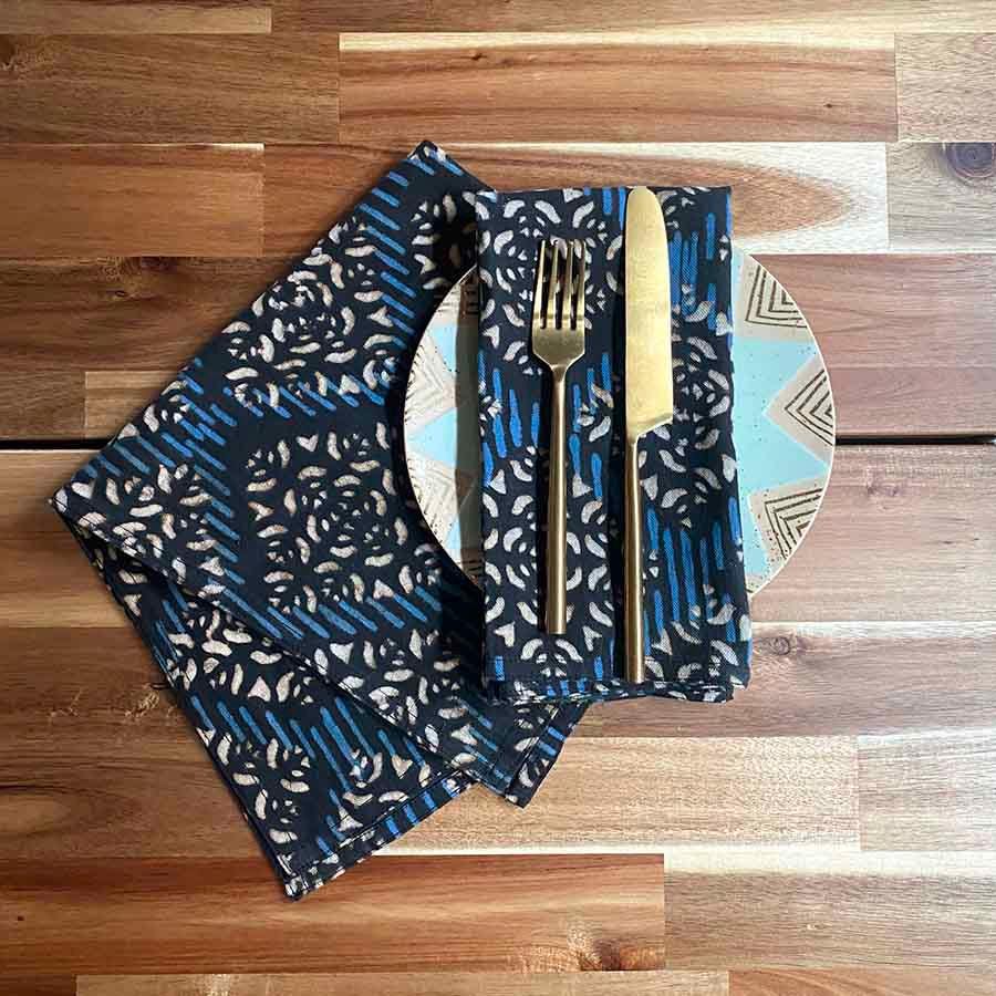 Block Printed Cloth Napkins, Organic Cotton Dinner Napkins in Black Blue White, Reusable Fabric Napkins - Nimes SAMPLE