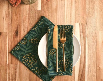 Green Floral Organic Cotton Napkins, Block Print | Flower Field