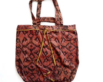 Handmade Organic Cotton Tote Bag, Block Print Reusable Grocery Beach Travel Carryall - Adoba