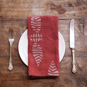 Deep Pink Coral Red Organic Cloth Napkin, Plant Dyed, Block Printed Table Linens - FYRE napkin sample