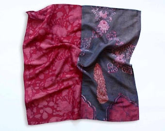 Floral Cotton Silk Bandana, Two Tone Hand Block Print Head Scarf, Reversible Naturally Dyed Accessory - Joelle SAMPLE