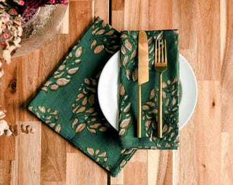 Green Leaf Print Dinner Napkins Organic Cotton Block Print Table Linen – Leah