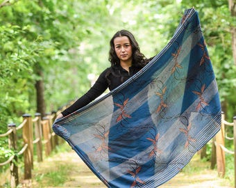Leaf Cotton Silk Scarf Hand Block Print Blue Wrap Shawl Women Sarong - Lehar