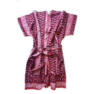 May include: A patterned robe in red, white, and black. The robe has short sleeves, a repeating heart and scallop design, and a matching belt. The wrap-style robe is made from a lightweight fabric, suitable for warmer weather. The measurements are in centimeters.