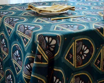 Indian Block Print Tablecloth, Handmade Organic Cotton Dining Cover, Peacock Motif Decor | Rajkumari
