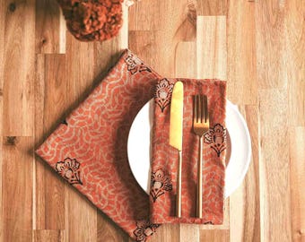 Coral Floral Block Print Organic Cotton Napkins - Omelia Dinner Cloth