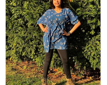Blue Tunic Dress Top Beach wear / Plant Dyed/ Block Printed Cotton Cover up / holiday gift - Phool SAMPLE