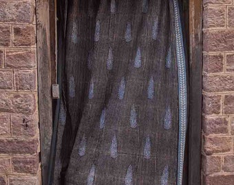 Moody Black Curtain / Block Print Window Panel / Plant Dye Textiles / Long will drape / Hand printed /charcoal - Raindrops 56&quot;x 84&quot; / 96&quot;