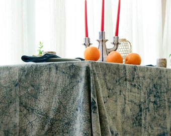 Marble texture Off white Tablecloth / Plant Dyed / solid blue Organic Cotton Table Linen / Block Printed Textiles - PAROS SAMPLE