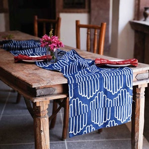 Blue white Block Print Geo Table Runner / Organic Cotton Fabric Table Linens / Plant Indigo Dyed Eco Friendly Gifts- Silo runner
