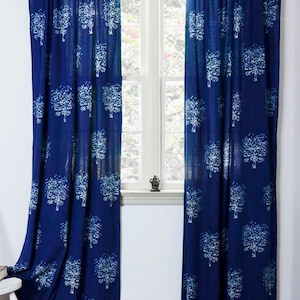 curtains window curtain indigo bohemian curtain blue bedroom panels 84in 96in hand block printed Cotton Home Living drapes 1 PANEL -TREE