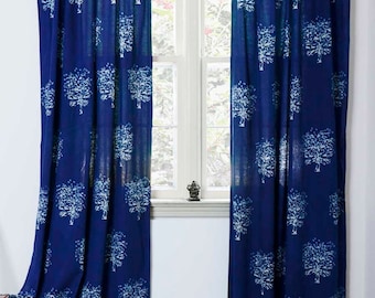 Cortinas bohemias azules, paneles de cortina boho para ventana y cocina, se venden por panel - 44"x84" - Decoración para el hogar índigo con estampado a mano - TREE