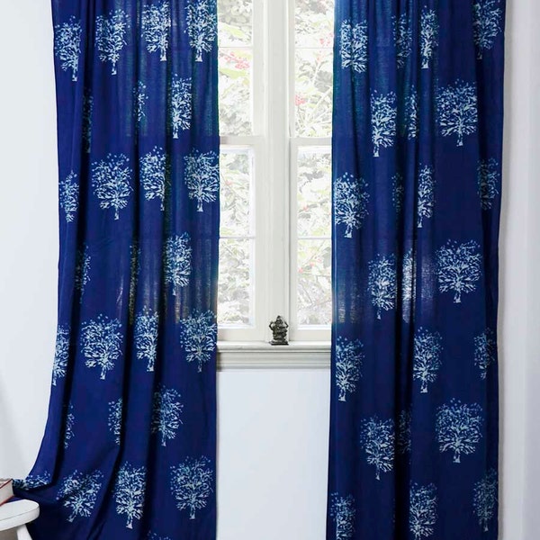 Indigo curtains window curtain Indigo blue bedroom - is sold per Panel - 44"x84" - hand block printed - Cotton - Home and Living - Tree