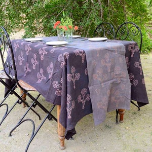 Purple Floral Tablecloth, Organic Cotton Bohemian Indian block print natural hand dye table cover, wedding dining linens - KALAM