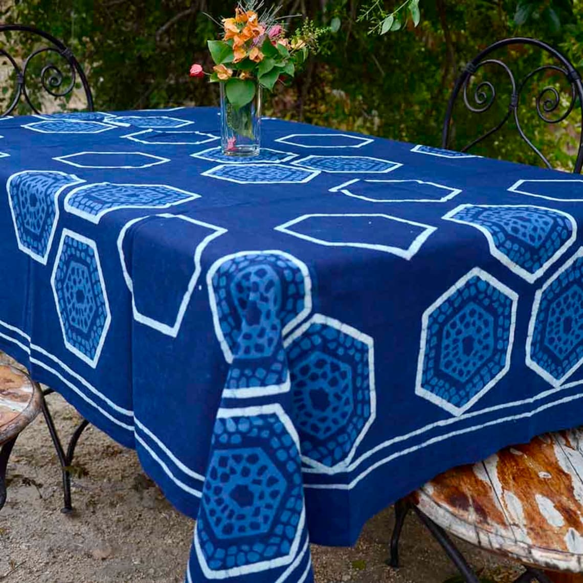 Navy Blue Table Cloth / Organic Cotton / Indigo Blocked Print Etsy