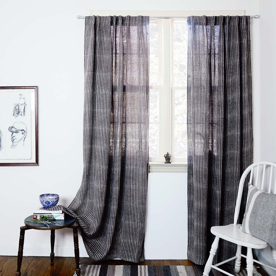 Stripe Window Curtains Linen Gray Charcoal Drapes Window Etsy