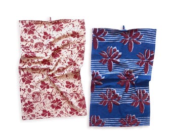 Cottagecore Tea Towels Set, Floral Block Print Organic Cotton Kitchen Towels