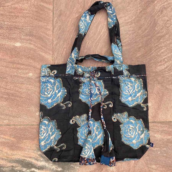 Extra Large Blue Rose Grocery Bag Hand Block Printed Shoulder