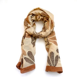 Beige Brown Boho Scarf, Hand Block Printed Cotton-Silk Wrap, Natural Dyed Eco-Friendly Gift - Hali Scarf Sample Sale