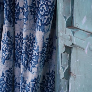 Blue window curtain panel floral window curtain window boho shabby chic home decor block print home living ichcha ONE panel - Leah SAMPLE