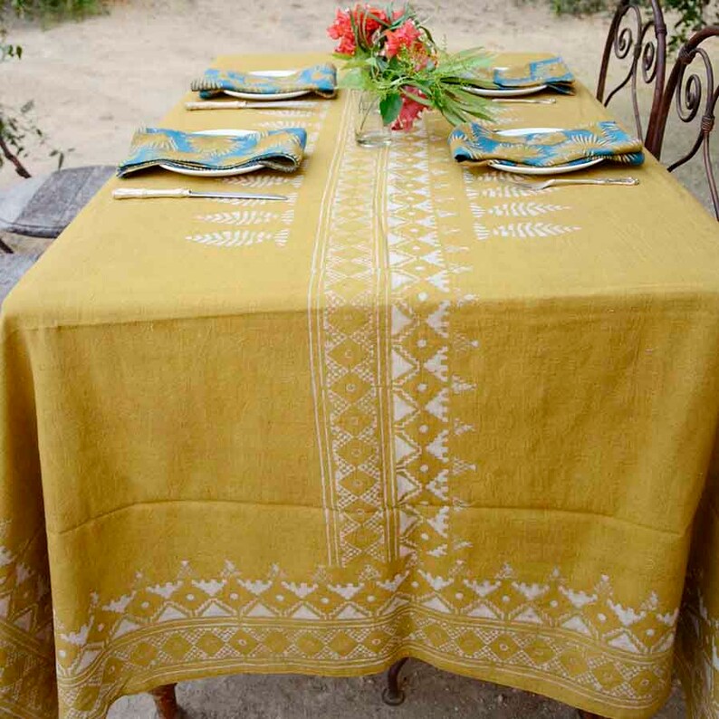 Mustard Yellow Block Print Bohemian Tablecloth Organic Cotton Eco Friendly Wedding Tabletop Linens Kutch Sample
