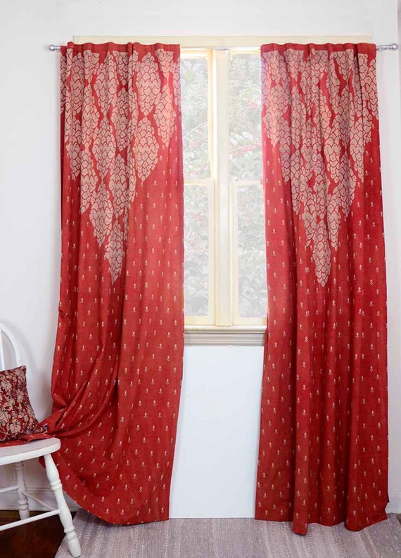 bohemian red window curtains, boho bedroom drapes, dorm room panels, block  printed natural dye red polka dot curtains - shanti