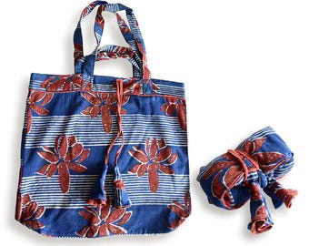 Eco Friendly Red Tote Bag, Organic Cotton Market Bag, Handwoven Shoulder Purse | Lotus Stripe SAMPLE