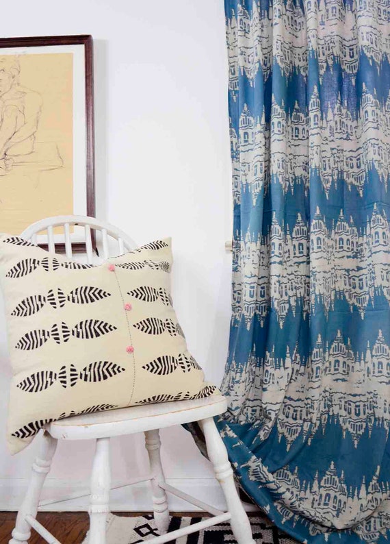 Blue Ikat Curtain Teal Drapes Shades 44 X 96 Etsy