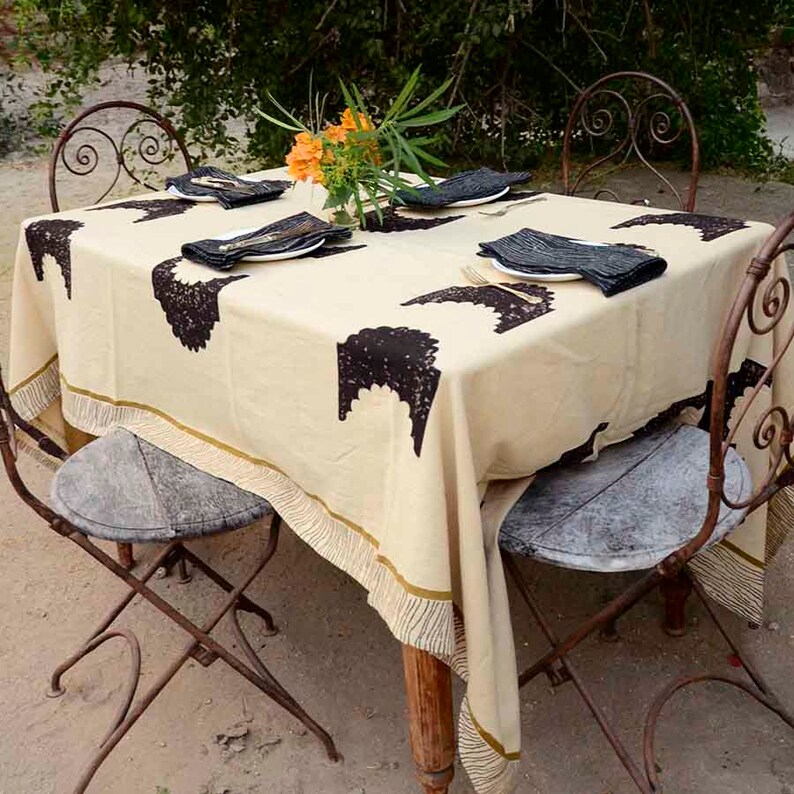 Tablecloth Ivory Beige Wedding House Warming Organic Cotton Block Print Bohemian Boho Tabletop Cover Dining Table Linens Sunset