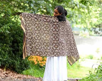 Geometric Block Print Scarf, Cotton Silk Wrap, Hand Dyed Unisex Shawl, Ethical Gift Idea - Mansa SAMPLE