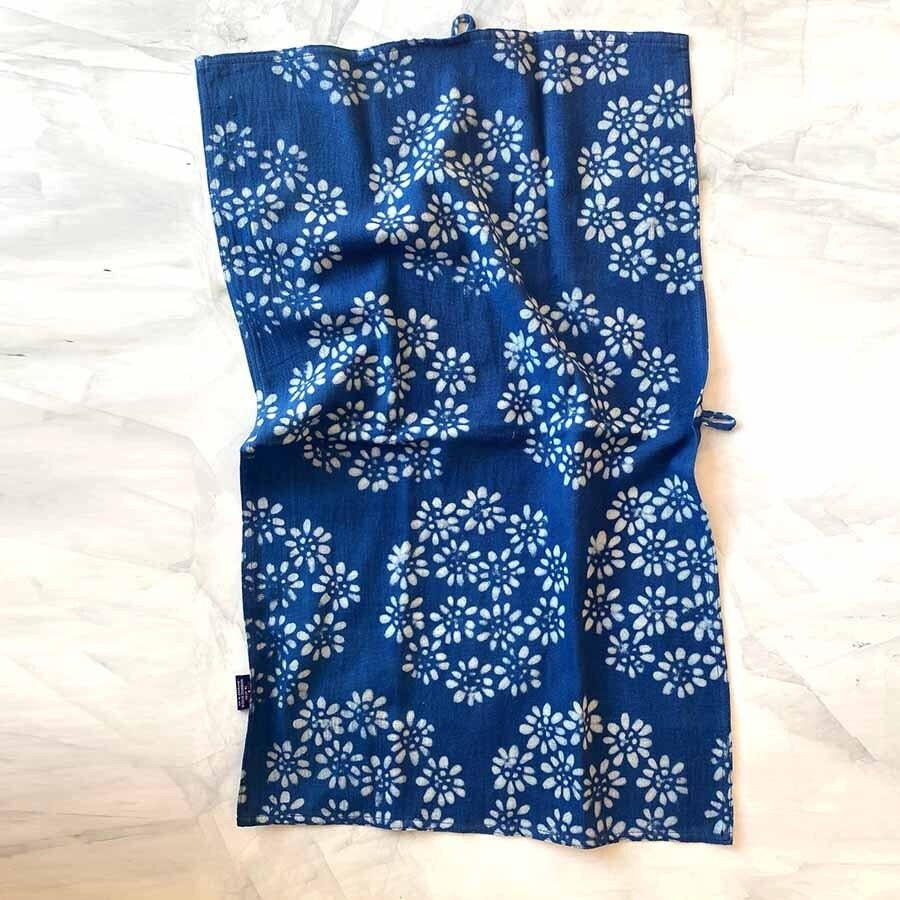 Indigo Block Print Tea Towel - Tiny White Floral Pattern, Organic Cotton, Handcrafted Dabu Style Kitchen Towel - Tiny Flowers