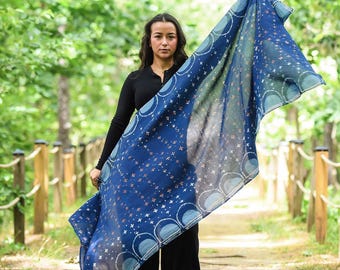 Indigo Cotton Silk Scarf Hand Block Print Celestial Wrap Shawl Women - Starz