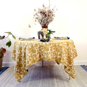 Golden Yellow Floral Tablecloth / Plant Dyed / Flower Print Organic Cotton Table Linen / Block Printed Textiles / Wedding Decor - YAN