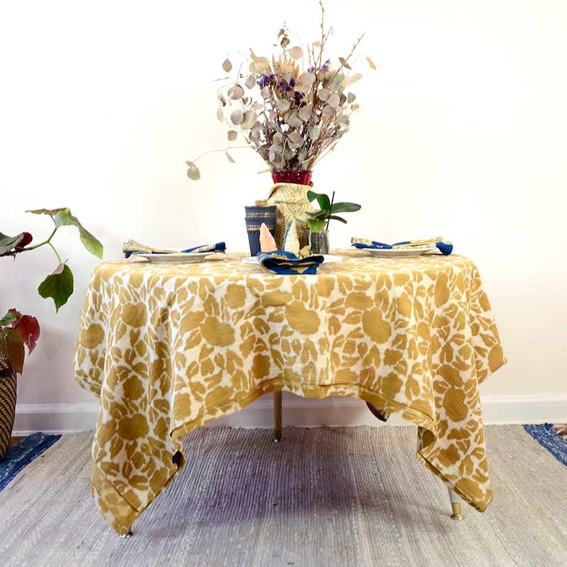 Golden Yellow Floral Tablecloth / Plant Dyed / Flower Print Etsy