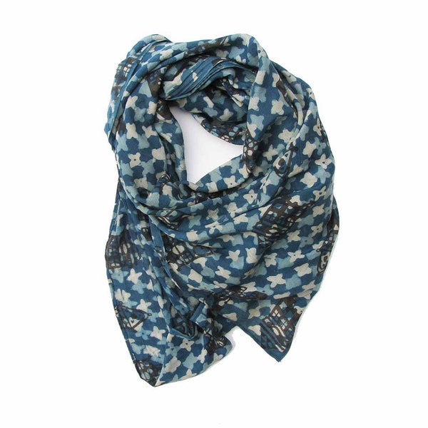 Indigo Blue block print scarf, cotton silk Hand printed hand dyed Bohemian accessories for women - MOSAIC