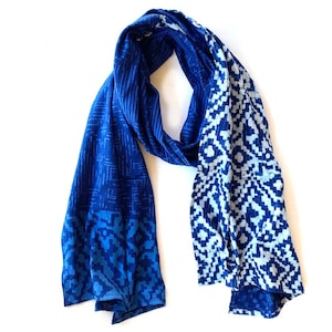 INDIGO and white Cotton Scarf, geometric print, Hand Woven Block Printed, Men scarf, unisex, winter wrap - UZI