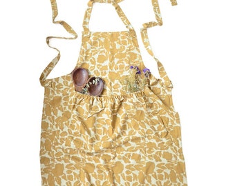 Golden Yellow Mustard Harvest Apron Kitchen Organic Cotton Fabric Block Printed Plant Dyed Kitchen Accessories - YAN