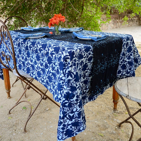 Tablecloth Blue Indigo Navy Organic Cotton Block Print Rectangular Bohemian Boho Tabletop Cover Dining Table Linens Fl