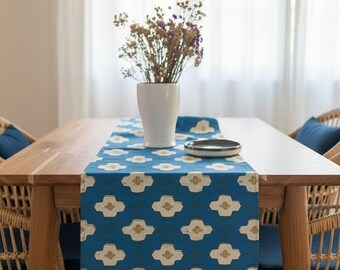 Indigo Block Print Table Runner, Organic Cotton Table Linen, Geometric Rustic Decor, Wedding or Host Gift - Hopi Blue SAMPLE