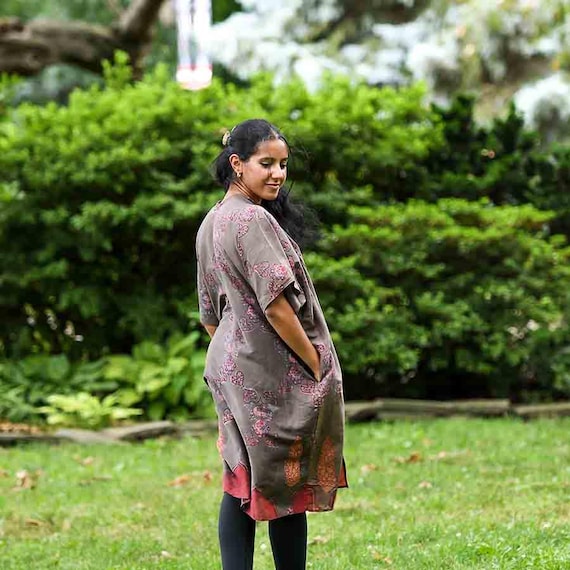 knee length kimono dress Women Fit & Flared Knee Length Kimono Round Neck Solid Dress Purvaja