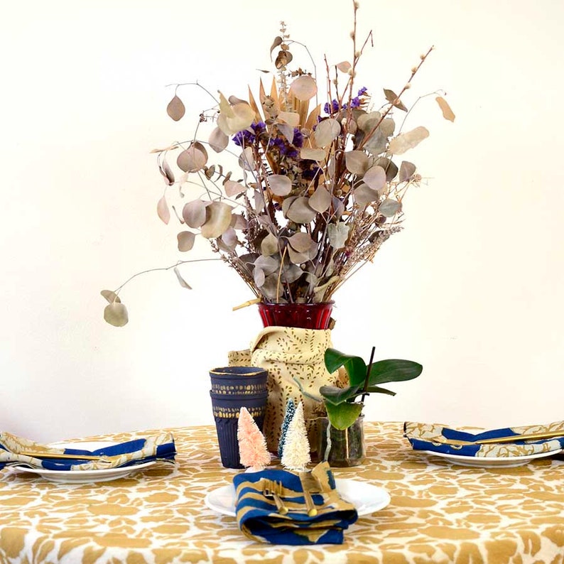 Golden Yellow Floral Tablecloth / Plant Dyed / Flower Print Etsy