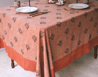 Coral Floral Block Print Organic Cotton Tablecloth - Omelia